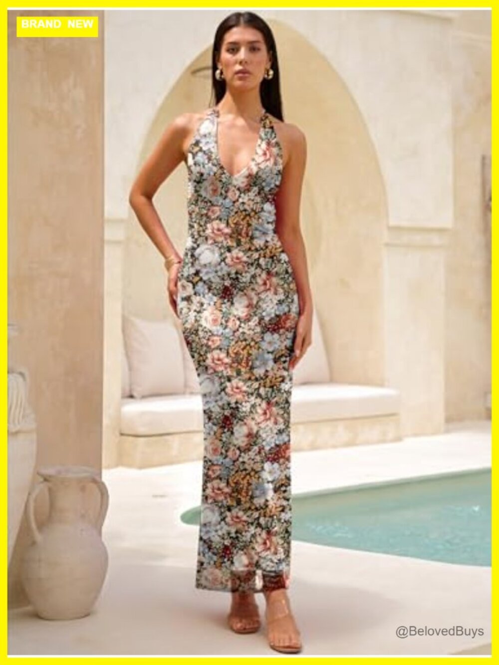 Women's Halter Neck Bodycon Maxi Dress Floral Mesh Formal Wedding Guest - Picture 2 of 6